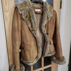 Tasha Polizzi L faux suede jacket with faux coyote fur trim- tan.